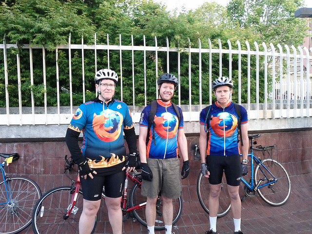 Mozillians cycle together on Bike To Work day in May 2011.