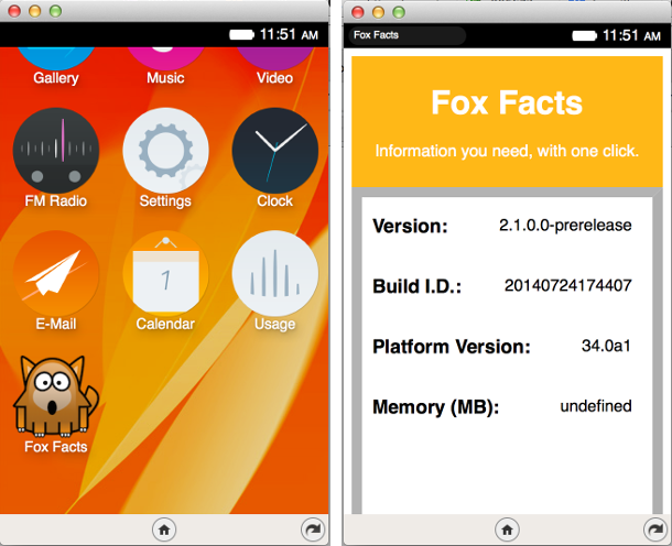 Screenshots of Fox Facts, a Firefox OS app written by Kate Glazko.