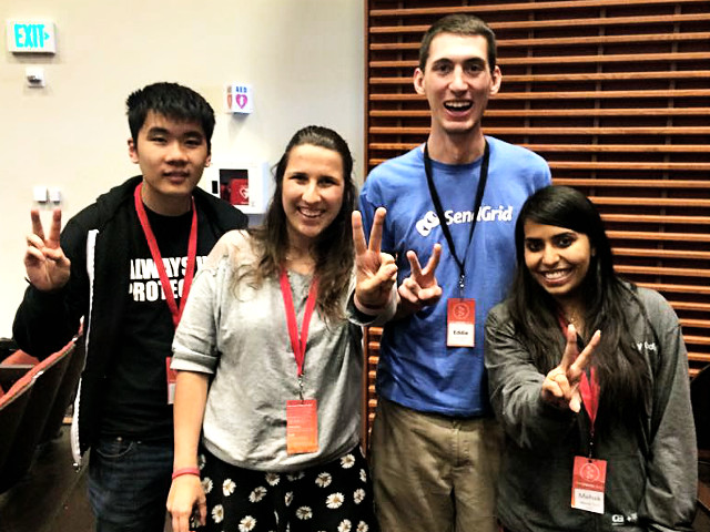 Kate Glazko, Akhilesh Saklecha and Roy Zheng won the 2015 U.S. SS12 Hackathon Championship with StealthFly, a mobile game playable by the visually impaired.